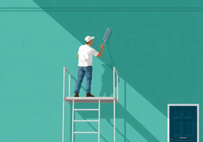Peintre sur échafaudage traitant la façade d'une maison